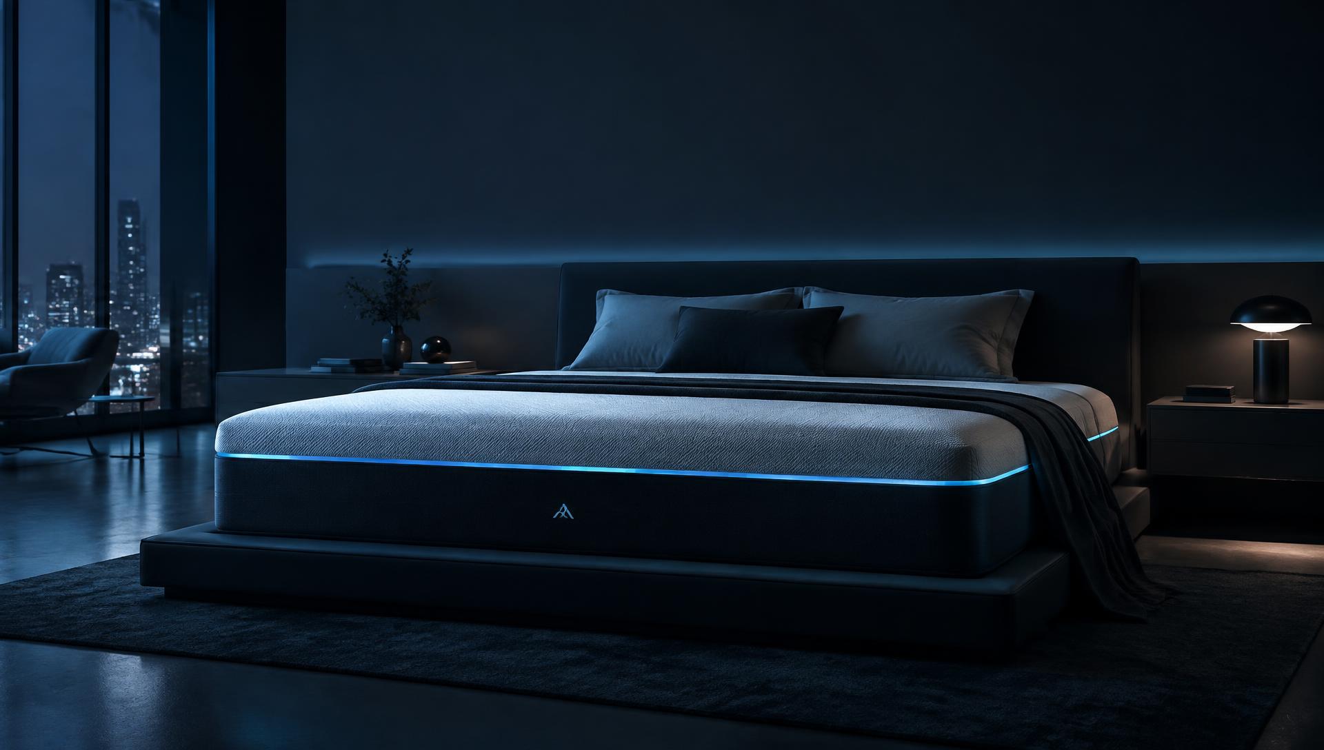 HEKA AI Mattress in a dark, modern bedroom with a soft blue glow